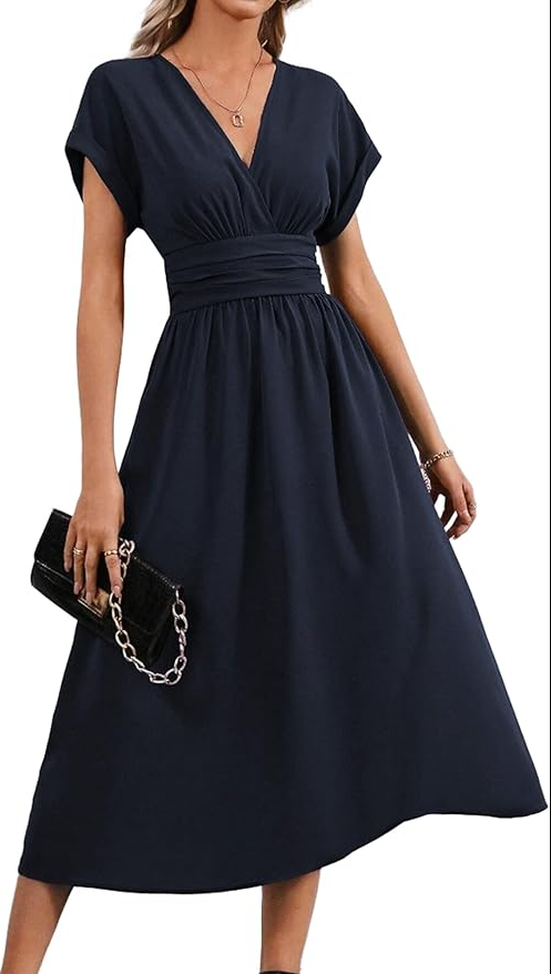 Womens Short Sleeve V Neck Dresses Empire High Waist Summer Elegant Flowy Midi Dress Ruffle A-line Long Dresses
